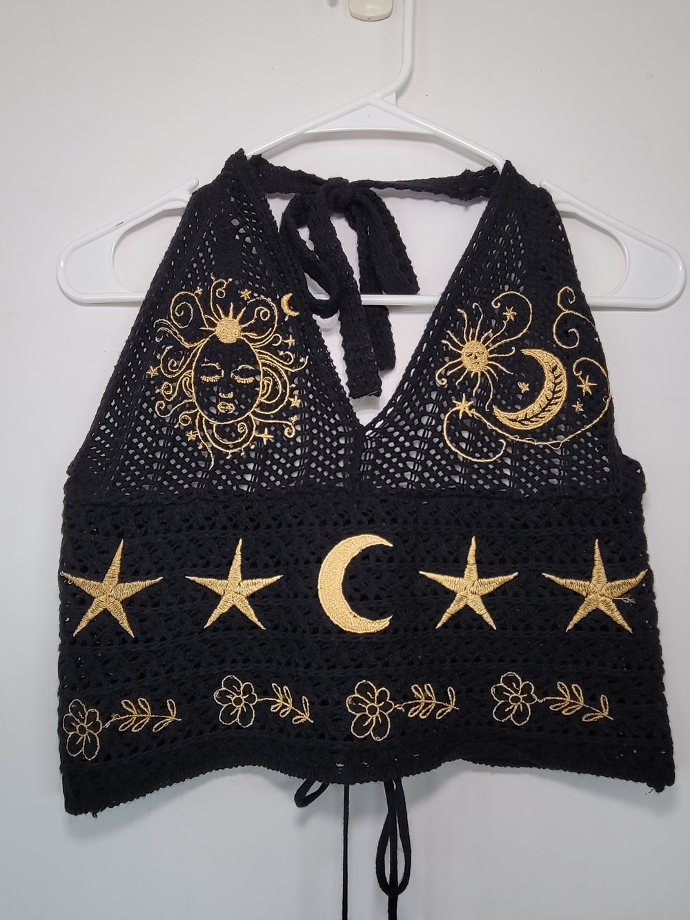 Black Knit Crop Top with Gold Embroidery